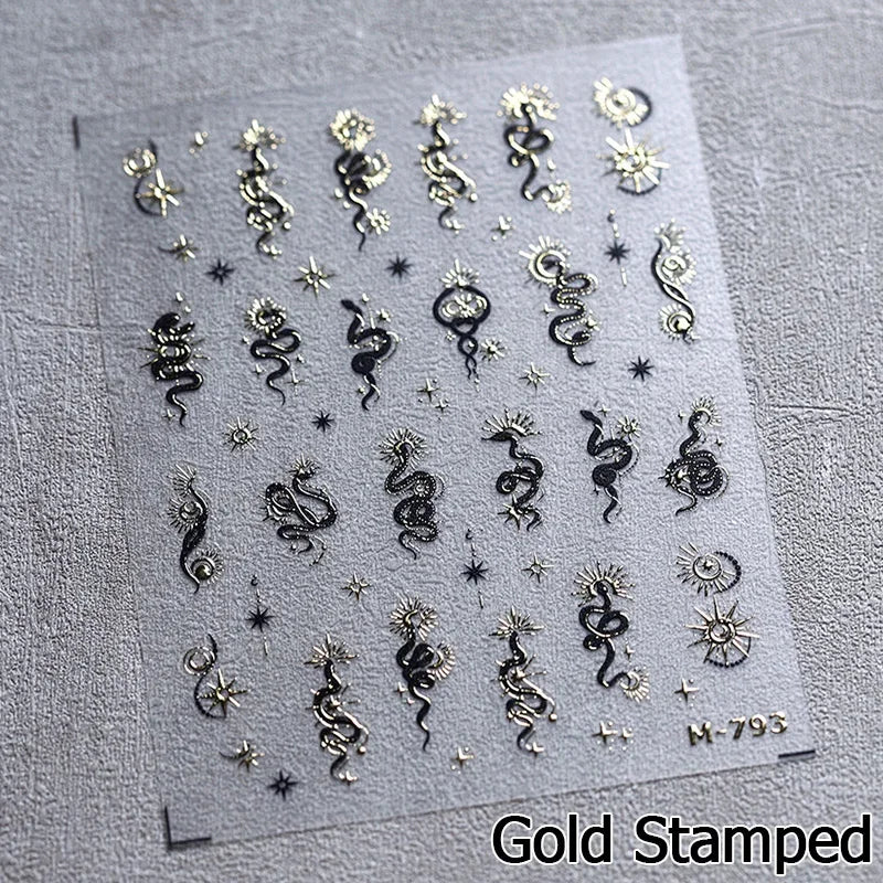 5D Gold Stamped Silver Sun Stars Snake Nail Art Stickers Totems Reliefs Self Adhesive Dark Chinese Style Manicure Decals