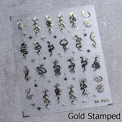 5D Gold Stamped Silver Sun Stars Snake Nail Art Stickers Totems Reliefs Self Adhesive Dark Chinese Style Manicure Decals