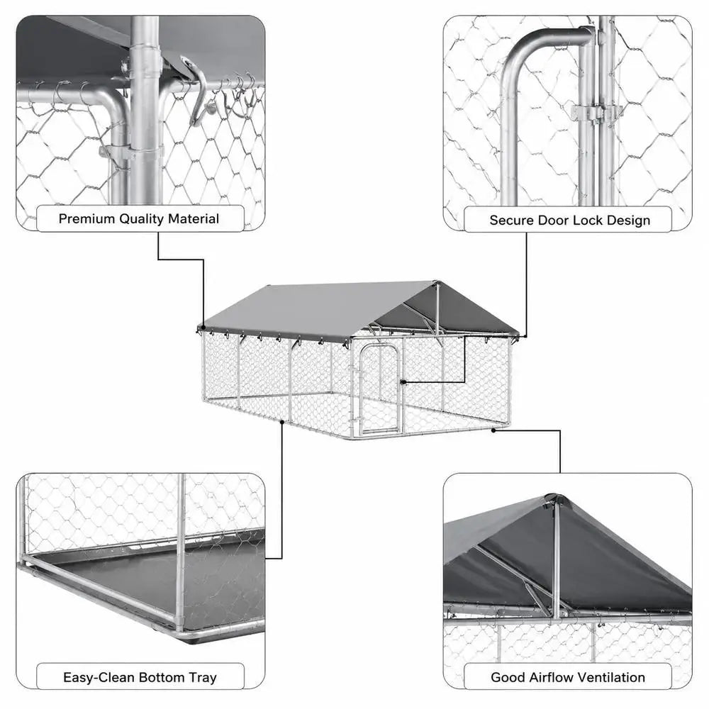Outdoor Dog Kennel 400 x 200 x 150 cm Galvanised Steel Structure With Lockable Door Ventilated Roof For Pets Animals