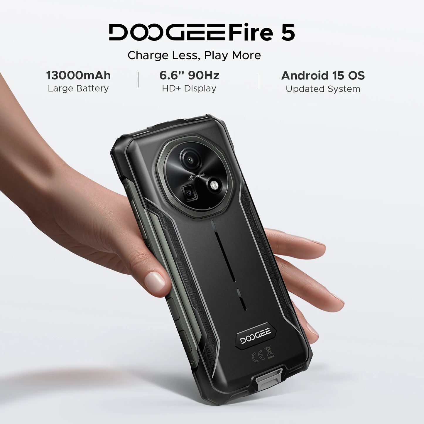 DOOGEE Fire 5 Rugged Phone 13000mAh Large Battery 6.6'' HD+ Display 12GB RAM (3GB+9GB) 64GB ROM Android 15 NFC Smartphone