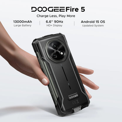 DOOGEE Fire 5 Rugged Phone 13000mAh Large Battery 6.6'' HD+ Display 12GB RAM (3GB+9GB) 64GB ROM Android 15 NFC Smartphone