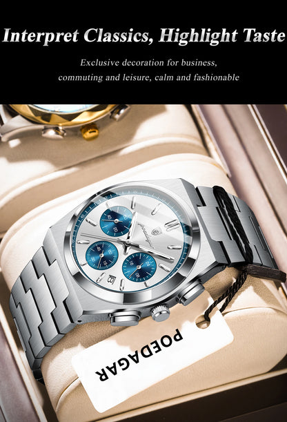 POEDAGAR Luxury Man Watch Chronograph Date Stainless Steel Sport Men Wristwatch Waterproof Luminous Fashion Quartz Men's Watches