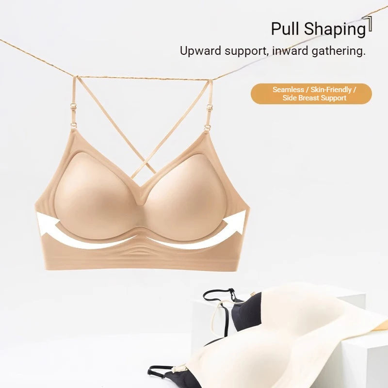 FINETOO Women's 3 Ways to Wear Halter Neck Backless Bralette Seamless Thin-Strapped Gather Bra Female Sexy Solid Color Underwear