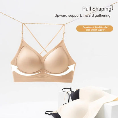 FINETOO Women's 3 Ways to Wear Halter Neck Backless Bralette Seamless Thin-Strapped Gather Bra Female Sexy Solid Color Underwear