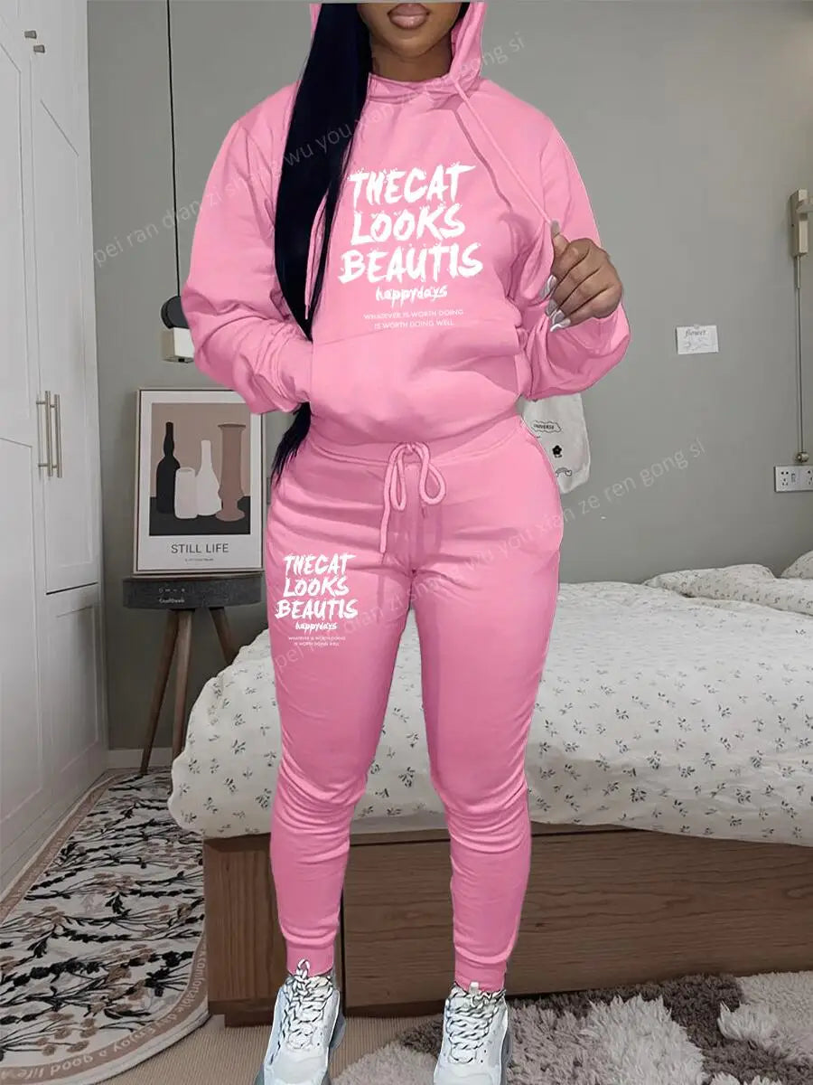 Womens TrackSuit Aesthetic Sweatshirts Sweatpants Two-piece Suit 2025 New Fleece Letter Printing Streetwear Women Hoodie Sets