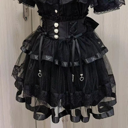 Japanese Sweet Lolita Style Mini Skirt Women Retro Elegant Lace Bandage Party Cake Skirts Female Gothic Y2k Metal Buckle Skirts