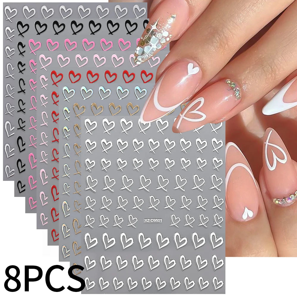 8pcs/set Mini Red Heart Valentines Nail Stickers Irregular Love Stripe Gold/Silver Nail Decals Sliders Laser Shiny Manicure Acce