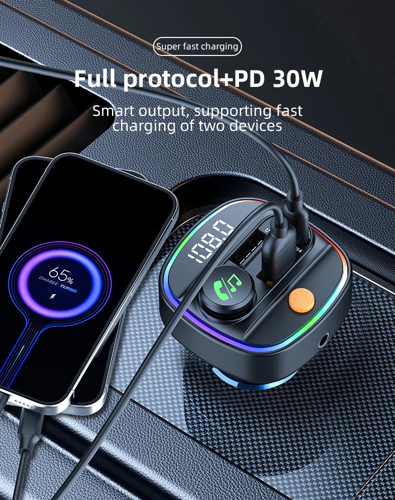 Bluetooth 5.4 FM Transmitter Handsfree Car AUX Radio Modulator MP3 Player with 22.5W & PD30W Fast Charge Adapter Car Accessories