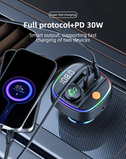 Bluetooth 5.4 FM Transmitter Handsfree Car AUX Radio Modulator MP3 Player with 22.5W & PD30W Fast Charge Adapter Car Accessories