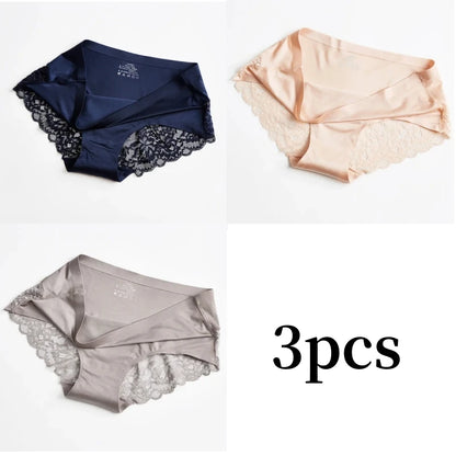 3pcs Lace Women's Panties French Seamless Underwear Female Ice Silk Briefs Solid Color Breathable Underpants Lingerie