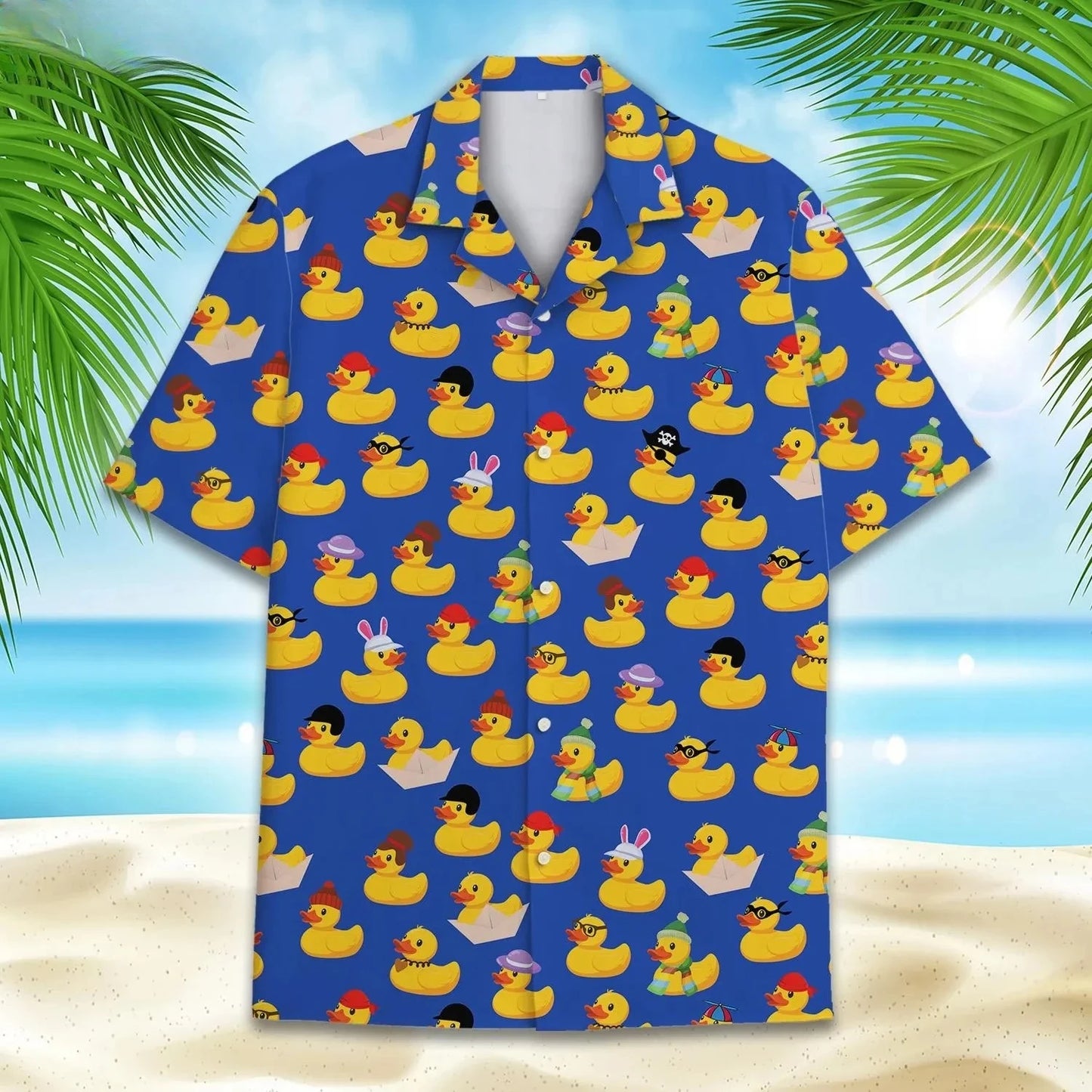 Funny Neon Rubber Duck Hawaiian Shirt for Men Galaxy Yellow Duck Mens Hawaiian Casual Button Down Shirts Short Sleeve Shirt Tops