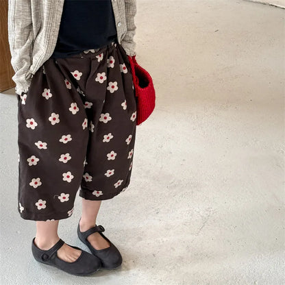 Spring/Summer Calf Length Pants for Girls Floral Print Anti-mosquito Breeches Korean Kid's Loose 7 Point Pants Childrens Clothes