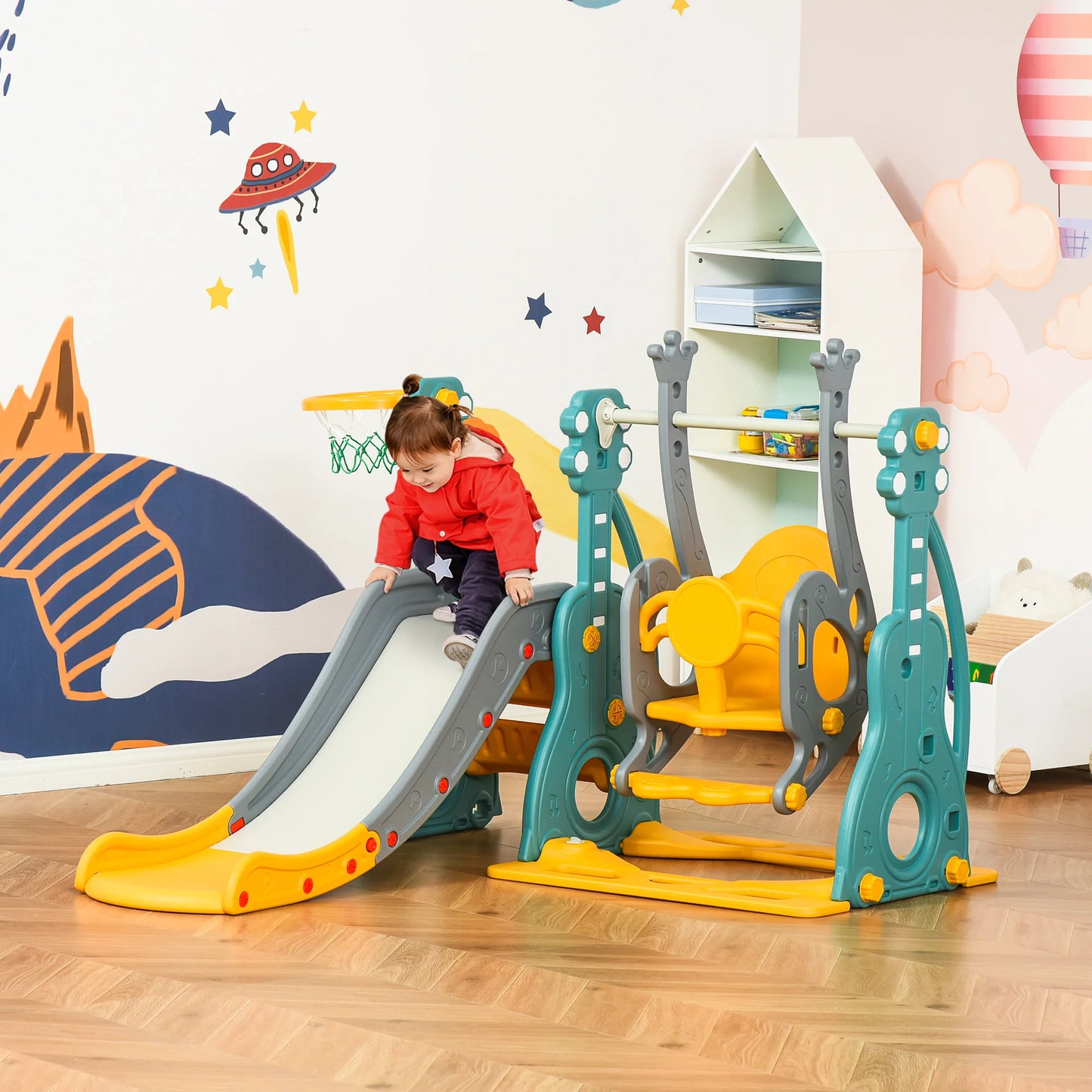 4-in-1 children’s slide and swing with basketball hoop, adjustable seat, 152x149x107cm, blue and yellow