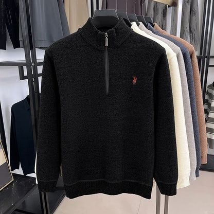 High quality half zipper knitted sweater men fashion luxury brand embroidery designer new top plush warm thick casual men's wear
