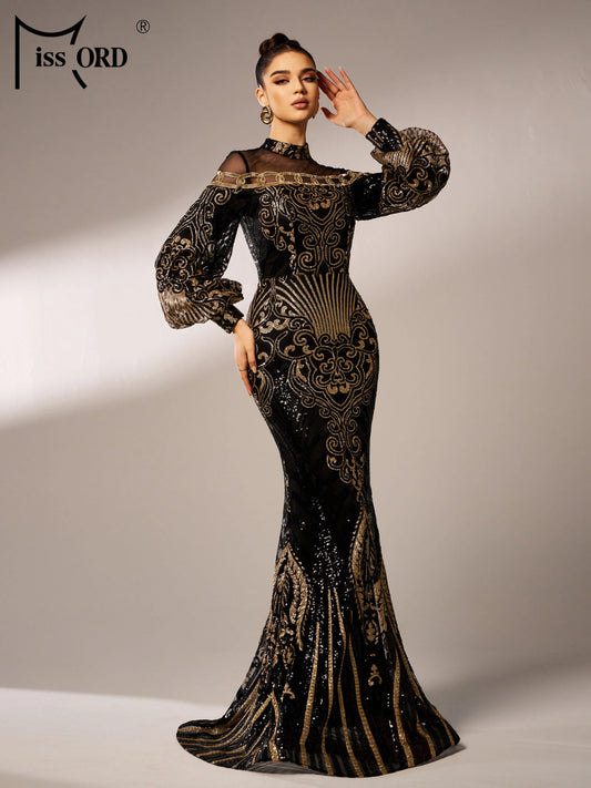 Missord New Black Round Neck Sequin Geometric Cocktail Evening Gown Formal Occasion Wedding Birthday Party National Style Dress