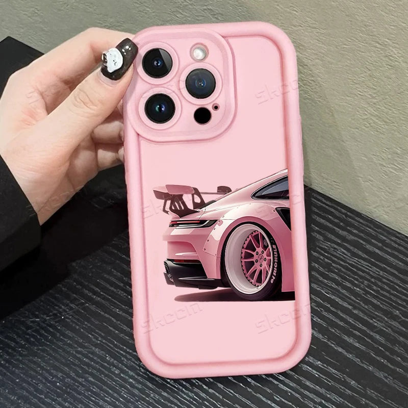 Fashion Pink Car Pattern Silicone Phone Case For iPhone 17 16 15 14 13 12 11 Pro Max 17 Air XS XR 7 8 Plus 16e Shockproof Cover