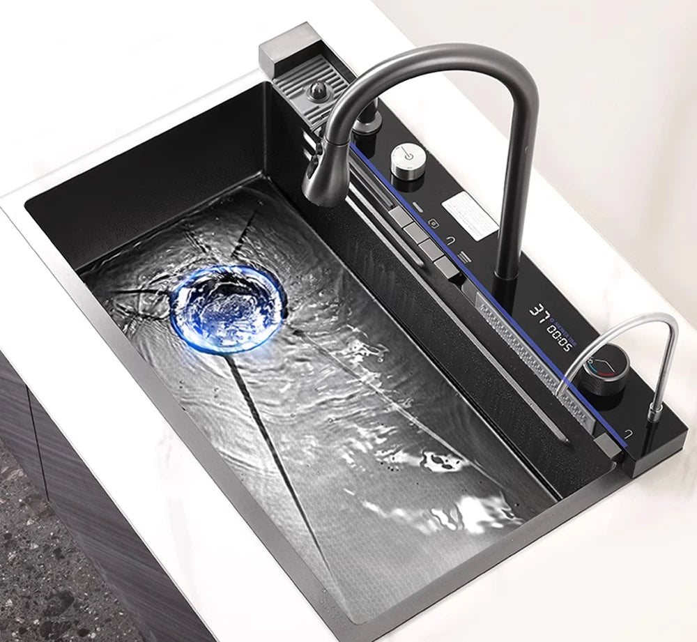 304 Stainless Steel Kitchen Waterfall Sink Digital Display Large Single Sink Dish Basin Sink With Multifunction Touch Waterfall