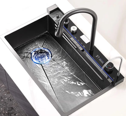 304 Stainless Steel Kitchen Waterfall Sink Digital Display Large Single Sink Dish Basin Sink With Multifunction Touch Waterfall