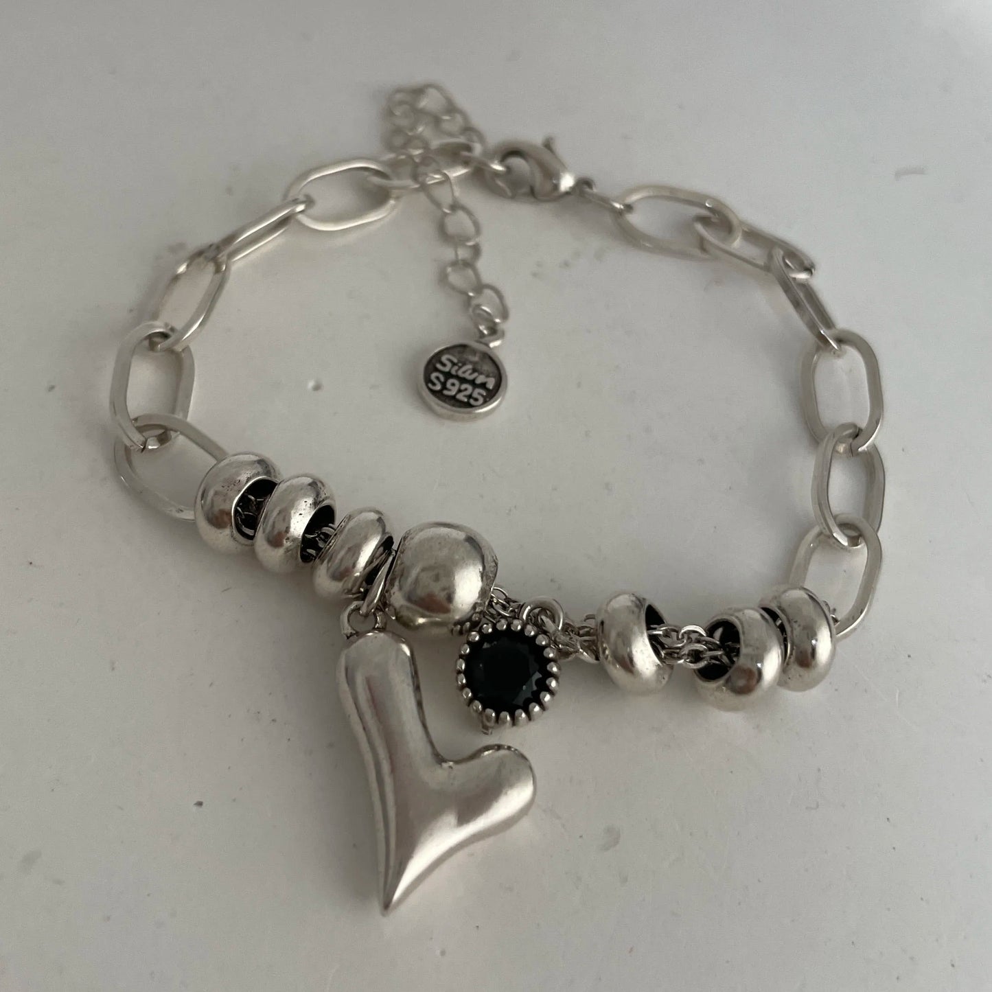 100% Solid 925 Sterling Silver Metal Bracelet for Women Vintage Handmade Simple Retro Heart Chain Bracelet Birthday Gift Party