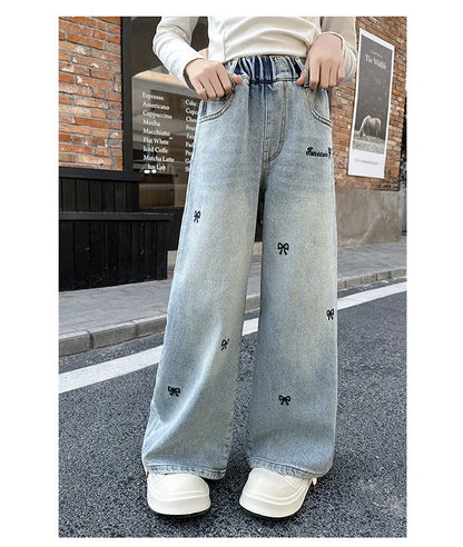New 4-14 Years Spring Autumn Teenage Girls Jeans Full Print Bow Embroidery Fashion Wide-leg Denim Pants For Kids
