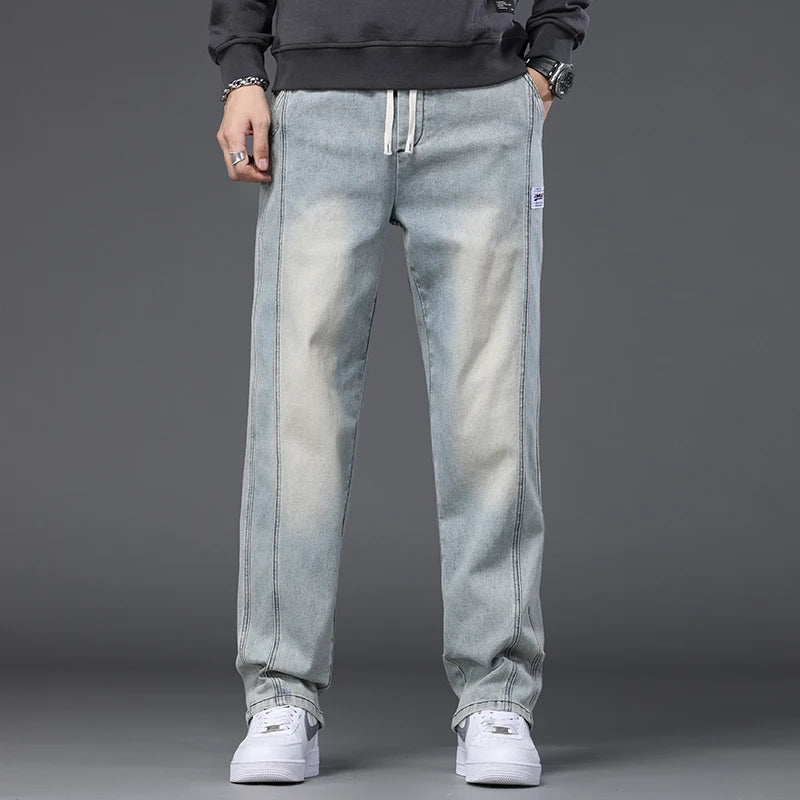 Autumn Winter Blue Jeans Men Drawstring Elastic Waist Cotton Cargo Denim Pants Work Fashion Thick Trousers Male Plus Size M-4XL