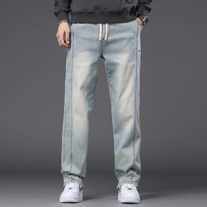 Autumn Winter Blue Jeans Men Drawstring Elastic Waist Cotton Cargo Denim Pants Work Fashion Thick Trousers Male Plus Size M-4XL