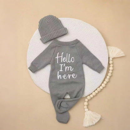 Ylsteed "Hello" Embroidery Knitting Newborn Birth Announcement Outfits Footed Jumpsuit Baby Boy Girl Photography Props Newborn