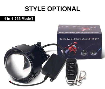 LED Car Dynamic Devil Eye Large Light 3-inch 33 Mode Car Light Remote Modification Eagle Eye 3D Lens Dynamic Pupils Headlight