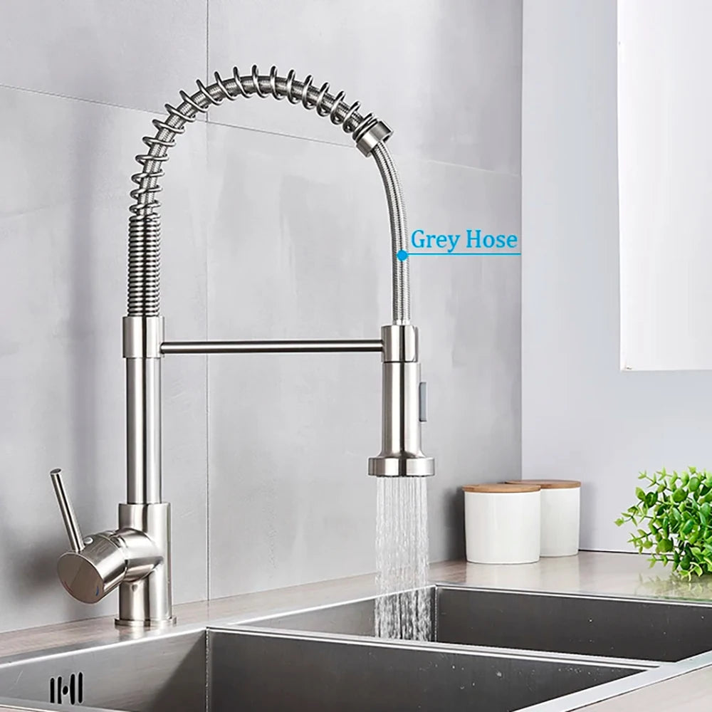 Kitchen Faucets Brush Brass Faucets for Kitchen Sink Single Lever Pull Out Spring Spout Mixers Tap Hot Cold Water Crane