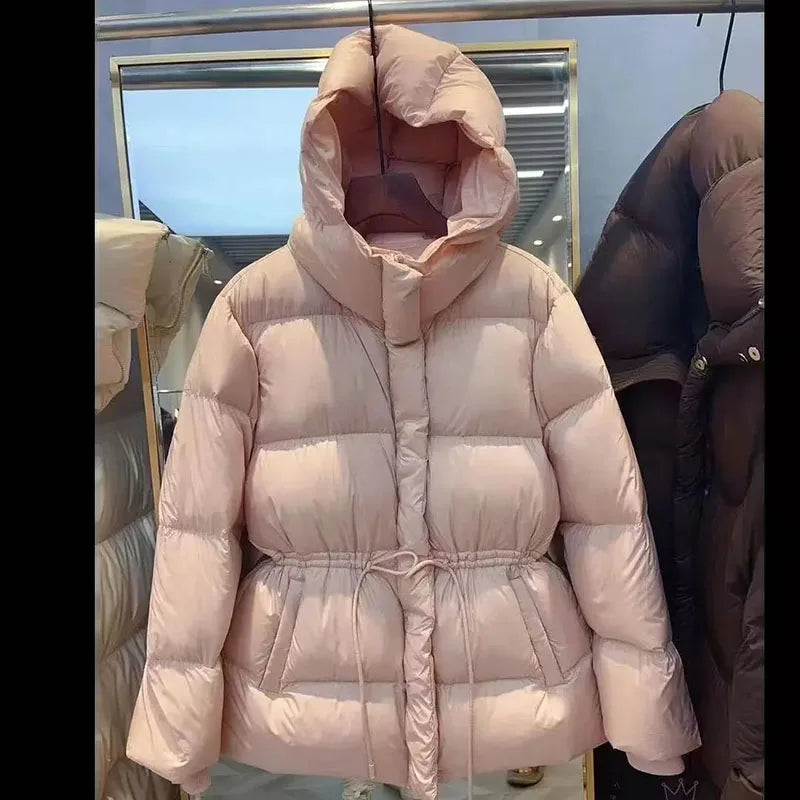 Fashion Cotton-Padded Jacket Women Autumn WinterNew Down Coat Female Parkas Hooded Drawstring Waist Thick Warm Overwear Lady Top