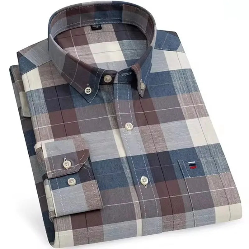 Men's Versatile Casual Checkered Oxford Cotton Shirts Single Pocket Long Sleeve Standard-fit Button Down Gingham Striped 7XL 6XL