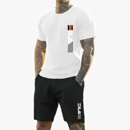 Men 2025 summer new casual sports suit Fashion breathable outdoor men's short-sleeved T-shirt + training shorts two-piece set