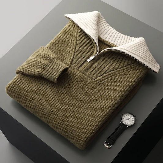 Pullover sweater for men, men's lapel sweater 2025 new loose knit autumn and winter full sleeved men's 100% Australian wool swea