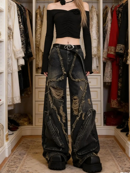 Women Black Gothic Cargo Jeans Harajuku Y2k Japanese 2000s Style Aesthetic Emo Denim Trousers Jean Pants Vintage Trashy Clothes