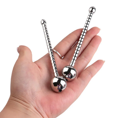 Hollow Metal Urethral Probe Spiral Textured Penis Plug with Smooth Ball Tips Intimate Male Release Stimulation Toy