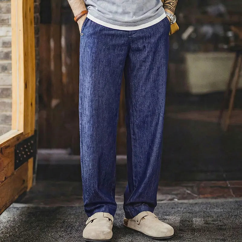Maden Men's Vintage Denim Jeans Washed Blue Lightweight Baggy Straight Wide Leg Zipper Casual Spring Summer Pants