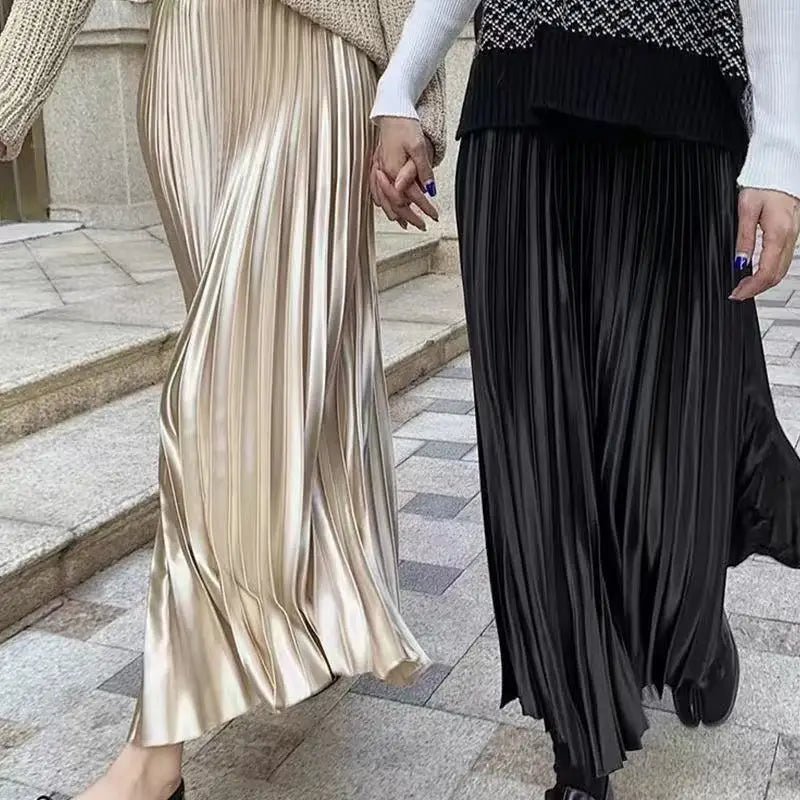 Women Summer Solid Pleated Satin Long Skirt Korean New Fashion Ladies Work Casual Elastic High Waist A Line Party Loose Skirts