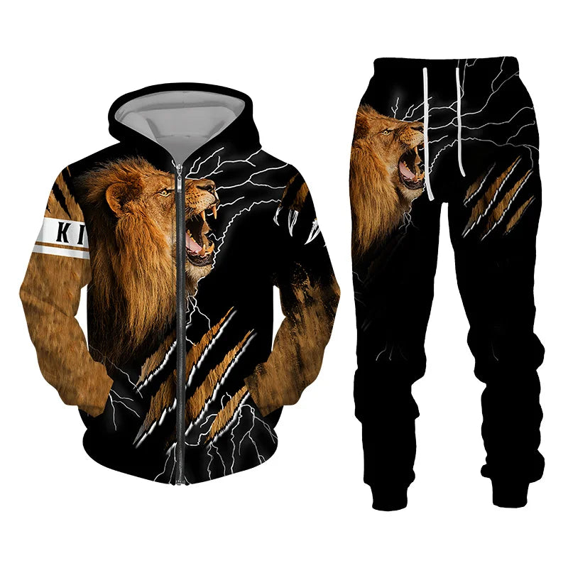 Spring and Autumn Men's Tracksuit 3D The Lion Print Zipper Hoodies Sweatshirts Pants Sets Casual Mens Clothing Women's Tracksuit