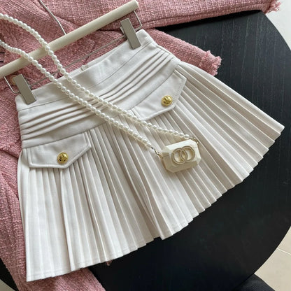 New Fashion Korean Elegant Pleated Mini Skirts Women Vintage Buttons Woolen Solid A-line High Waist Short Skirt Autumn Spring 