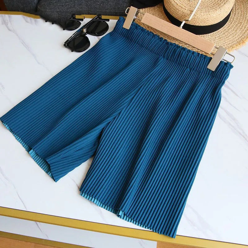 Women Casual Wide Leg Shorts 2025 Summer Elastic High Waist Pleated Shorts Woman Solid Color Loose Ice Silk Knee-Length Pants