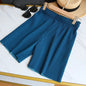 Women Casual Wide Leg Shorts 2025 Summer Elastic High Waist Pleated Shorts Woman Solid Color Loose Ice Silk Knee-Length Pants
