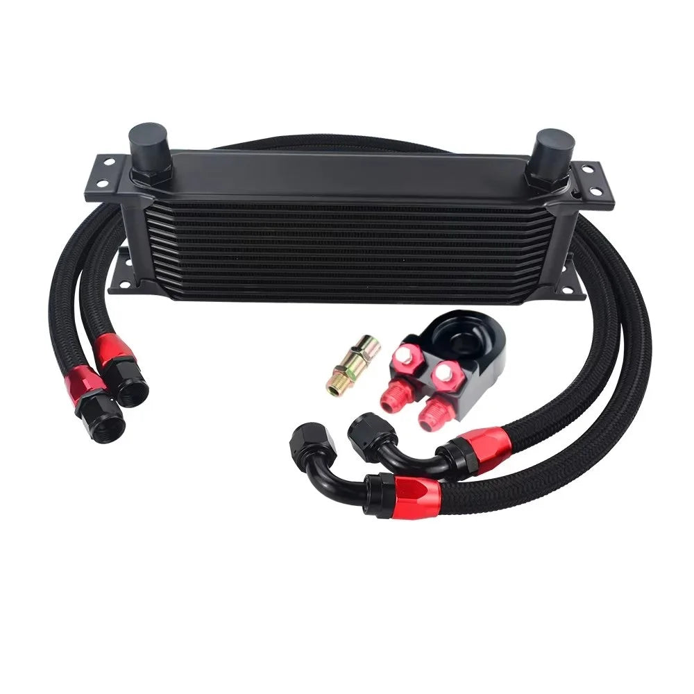 Universal 13 Rows Oil Cooler Kit + Oil Filter Sandwich Adapter + Nylon Stainless Steel Braided An10 Hose W/ PQY Sticker+Box