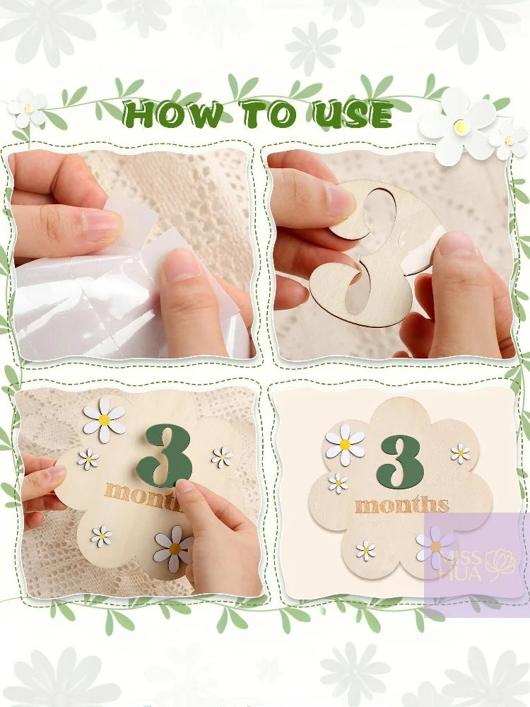HUA HUA Wooden Baby Monthly Milestone Cards Flowers Double Sides Number Month Girls Boys Newborn Photography Props Accessories