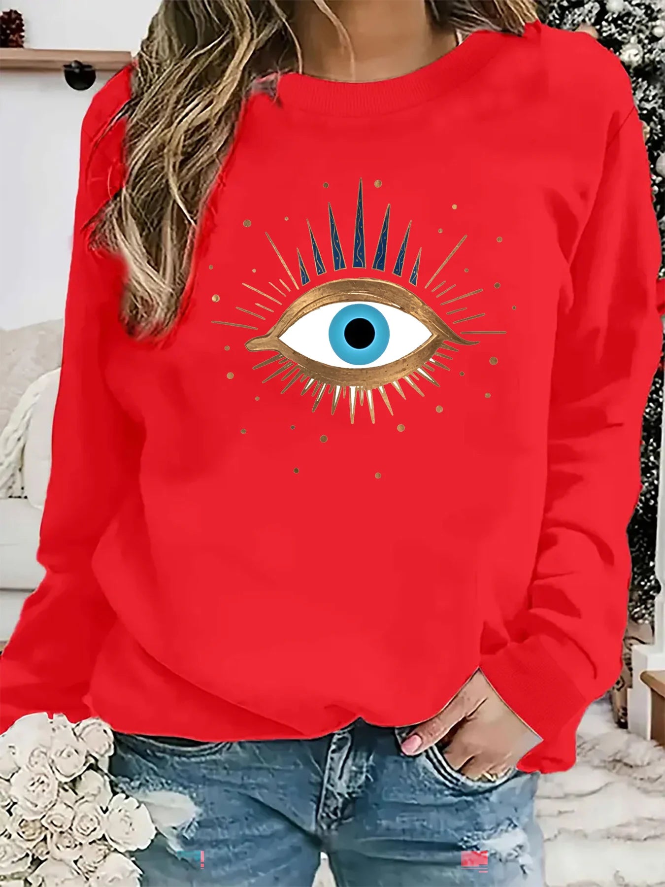 Women's autumn and winter casual fashion loose and comfortable warm eye pattern printed round neck long sleeved pullover