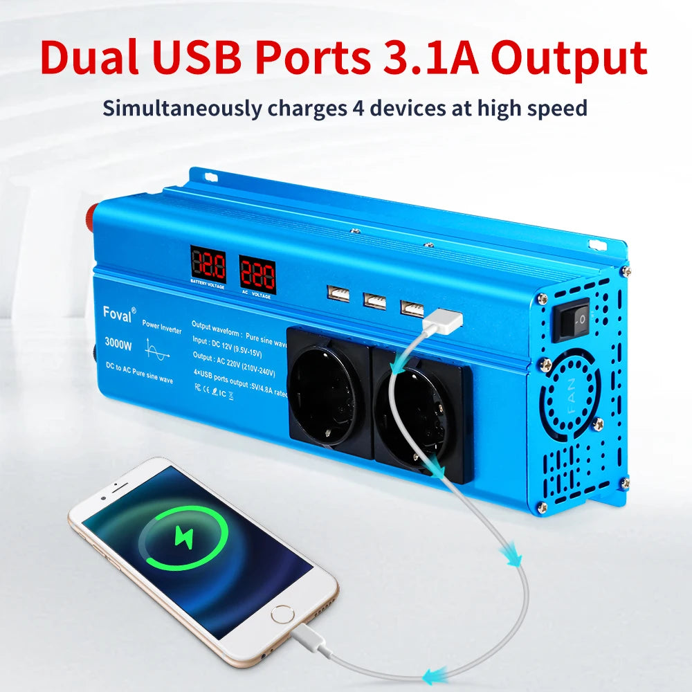Pure Sine Wave Inverter DC 12V to AC 220V 230V 1500W/2200W/2600W/3000W Voltage Transfer Converter EU Socket Auto Accessories
