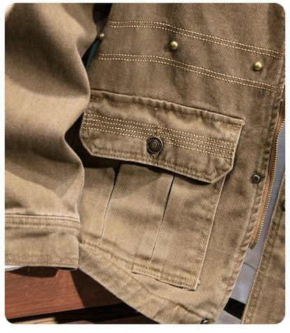American Retro Style Men's Spring Casual Jackets Heavyweight Cotton Multi-Pockets Loose Cargo Jacket Fashion Outerwear