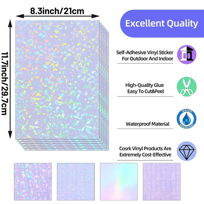 20 Sheets 6 Style A4 Holographic Cold Laminating Film Clear Waterproof Self-Adhesive Vinyl Sticker Paper 8.3x11.7 Inch
