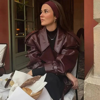 Vintage Lapel Leather Biker Jacket Women Bomber Jacket Short Coat Streetwear Zip Long Sleeve Windproof Outerwear Black Wine Red