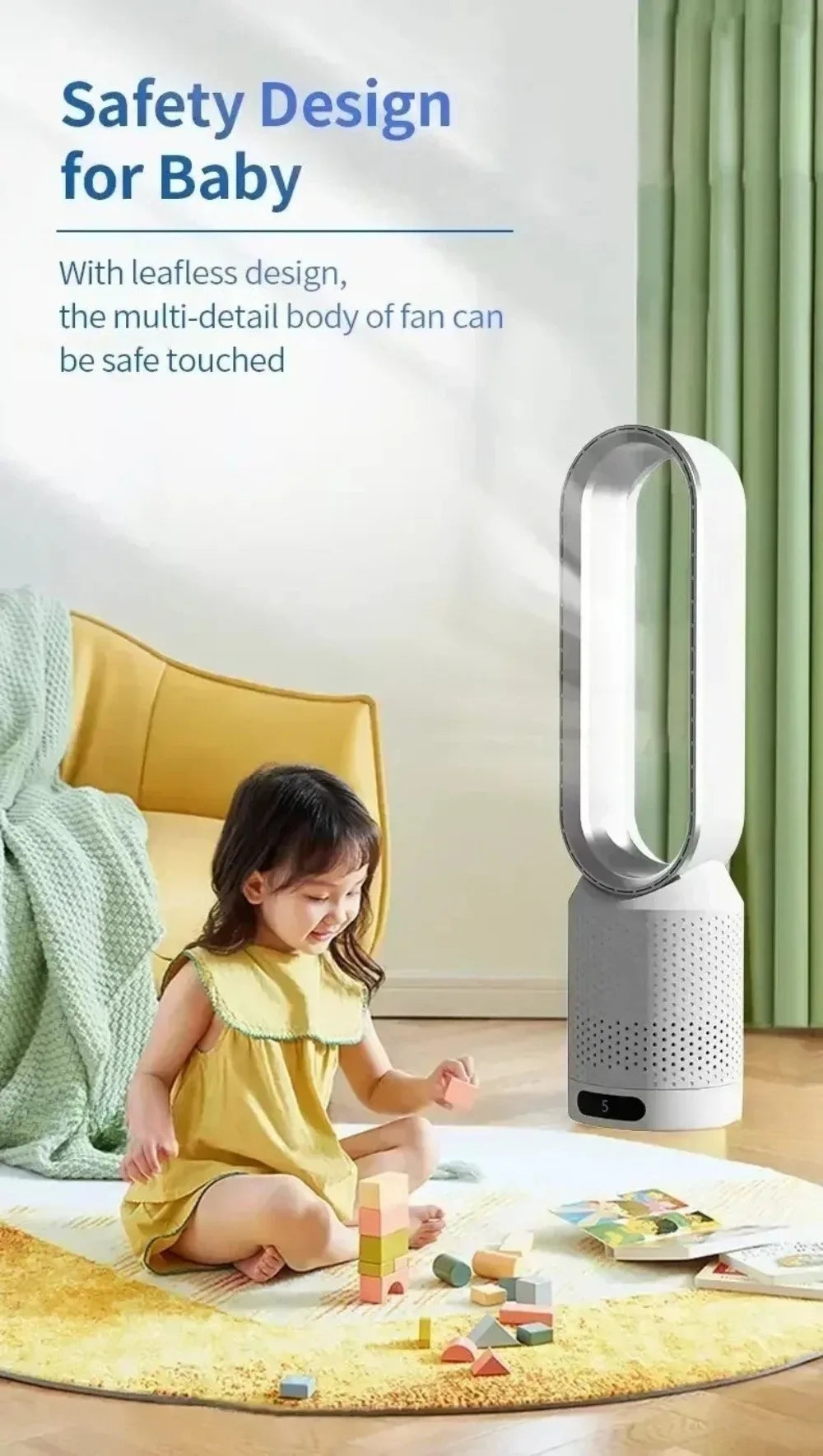 Smart Bladeless Fan with Remote Control 8 Wind Speeds Intelligent Timing 90° Oscillation Quiet Air Cooler for Home Bedroom