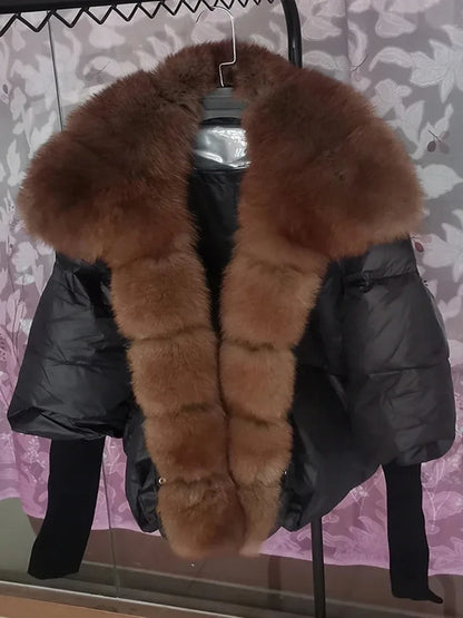 Oversized Winter Warm Real Fox Fur Collar Black Down Coat Women Puffer Outerwear Jackets 2024 Autumn Winter